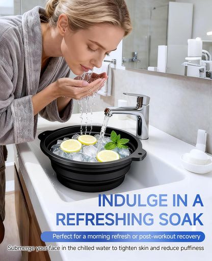 Collapsible Silicone Face Bowl with Ice Tray – Portable Cold Plunge Therapy Tool for Skin Tightening & Acne Relief (Black)