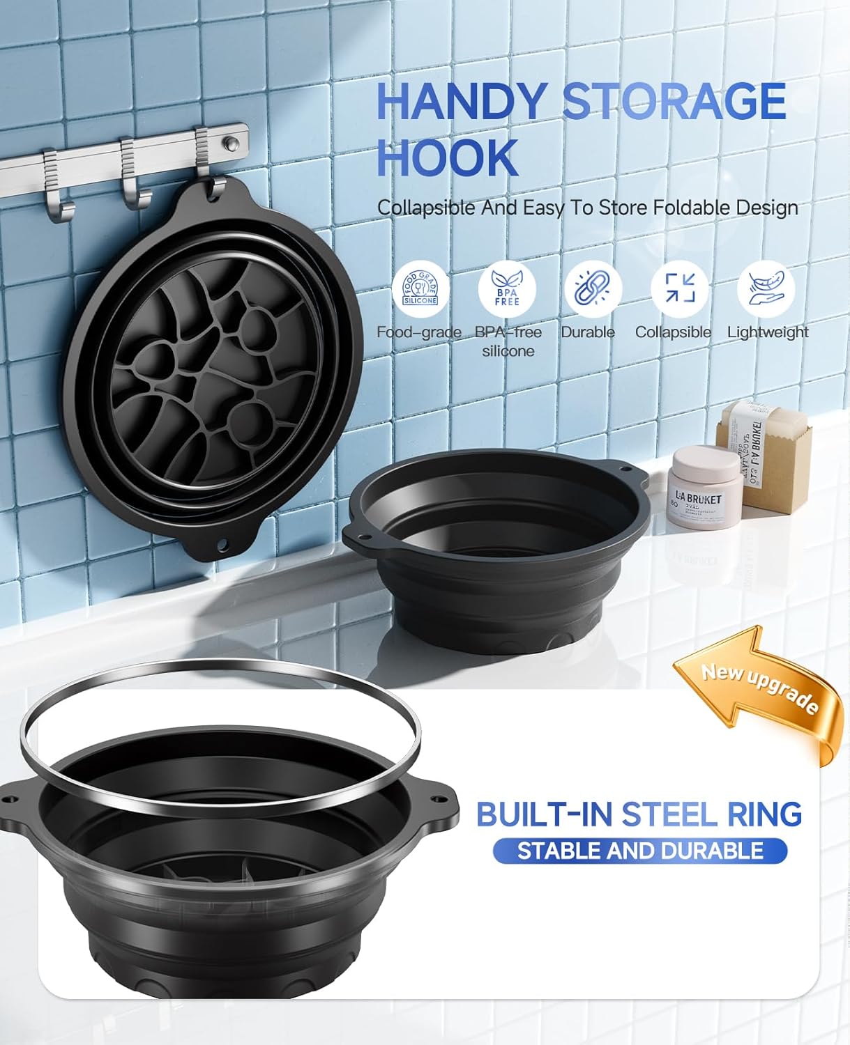 Collapsible Silicone Face Bowl with Ice Tray – Portable Cold Plunge Therapy Tool for Skin Tightening & Acne Relief (Black)