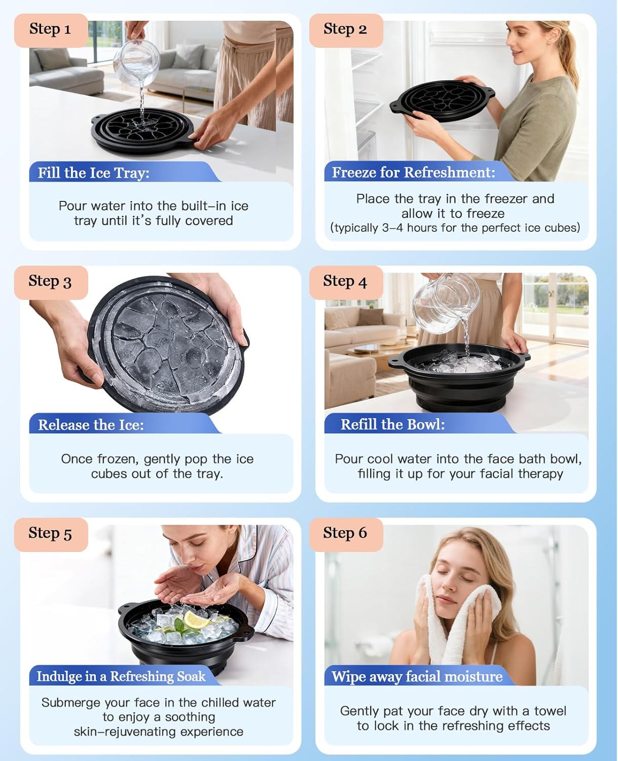 Collapsible Silicone Face Bowl with Ice Tray – Portable Cold Plunge Therapy Tool for Skin Tightening & Acne Relief (Black)