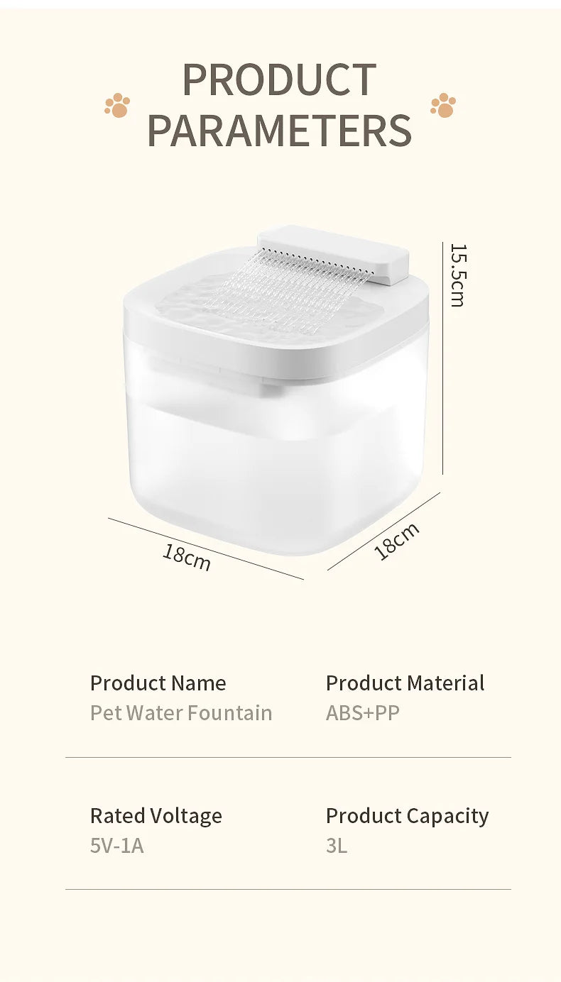 3L USB Pet Water Fountain with Pump & Filter Anti-Dry Burning Cat Water Dispenser Auto Recirculating Pet Water Flow Drinker