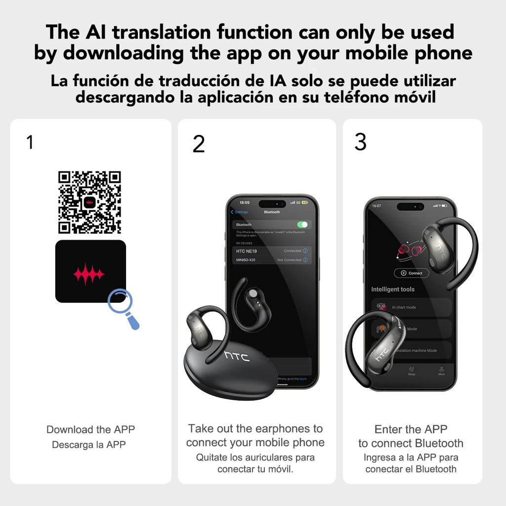 HTC NE19 Bluetooth Earphones OWS Sports Wireless Headphones Powerful Bass AI Translator Earbud Waterproof Ear Hook Louder Stereo