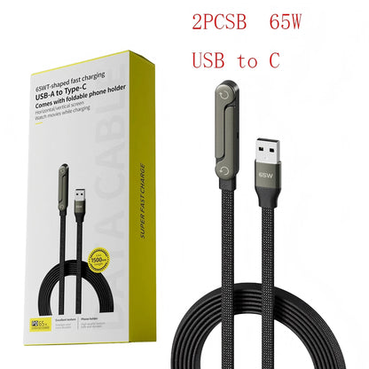 Fast Charging 2-in-1 Foldable Data Cable & Stand - Type-C to Type-C / USB-A to Type-C, 240/65W