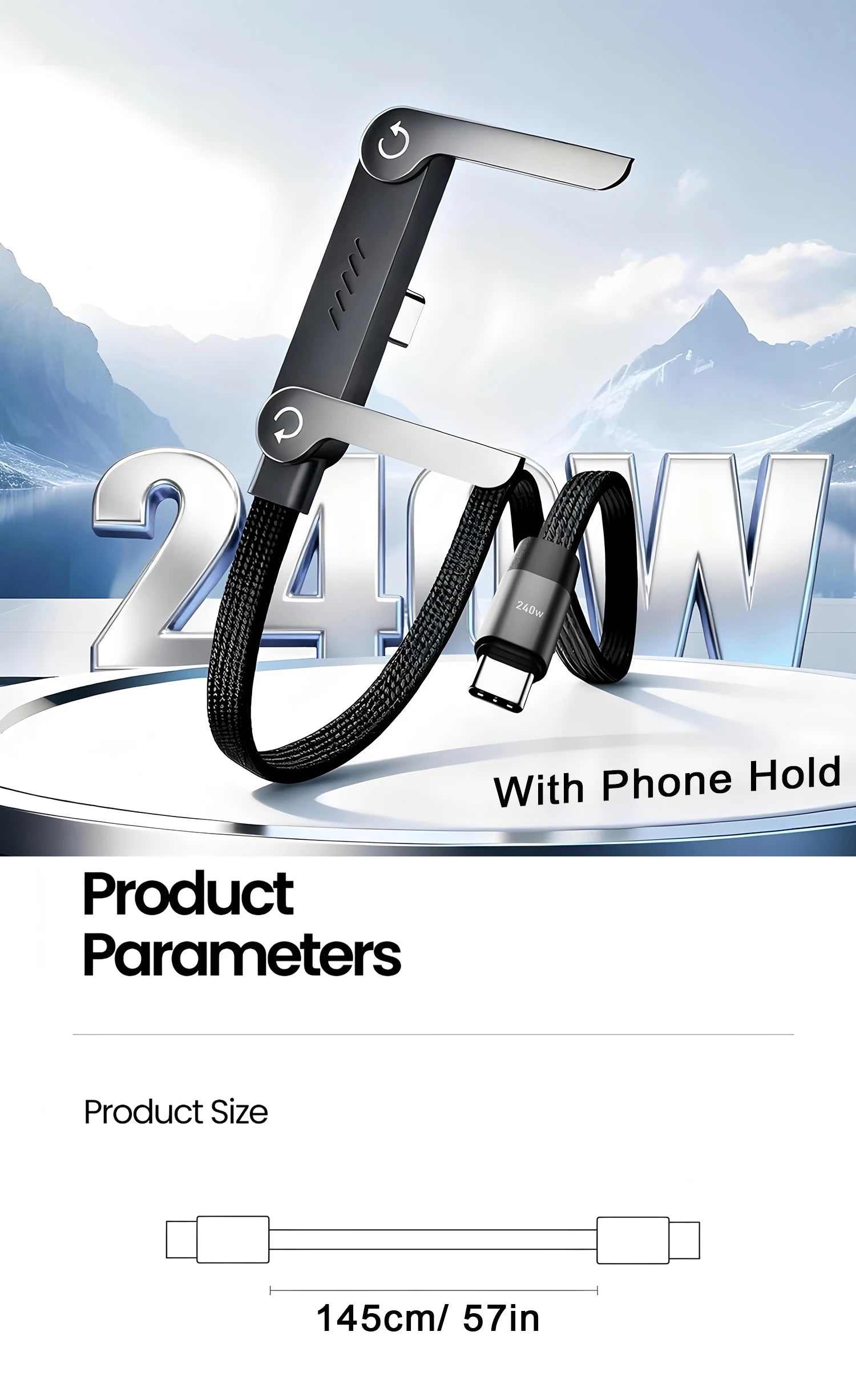 2-IN-1 Type-C Cable Foldable Mobile Phone Holder 240W Fast Charging Data Cable Multifunction Phone Charge Bracket Dual PD cable