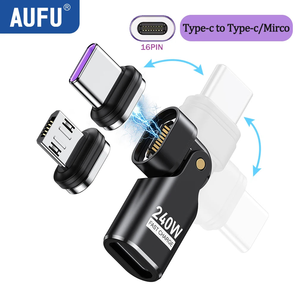 AUFU 16Pin USB C to Type C Magnetic OTG Adapter PD 240W Fast Charging USB C Female OTG Converter for Macbook iPhone 16 15 Xiaomi