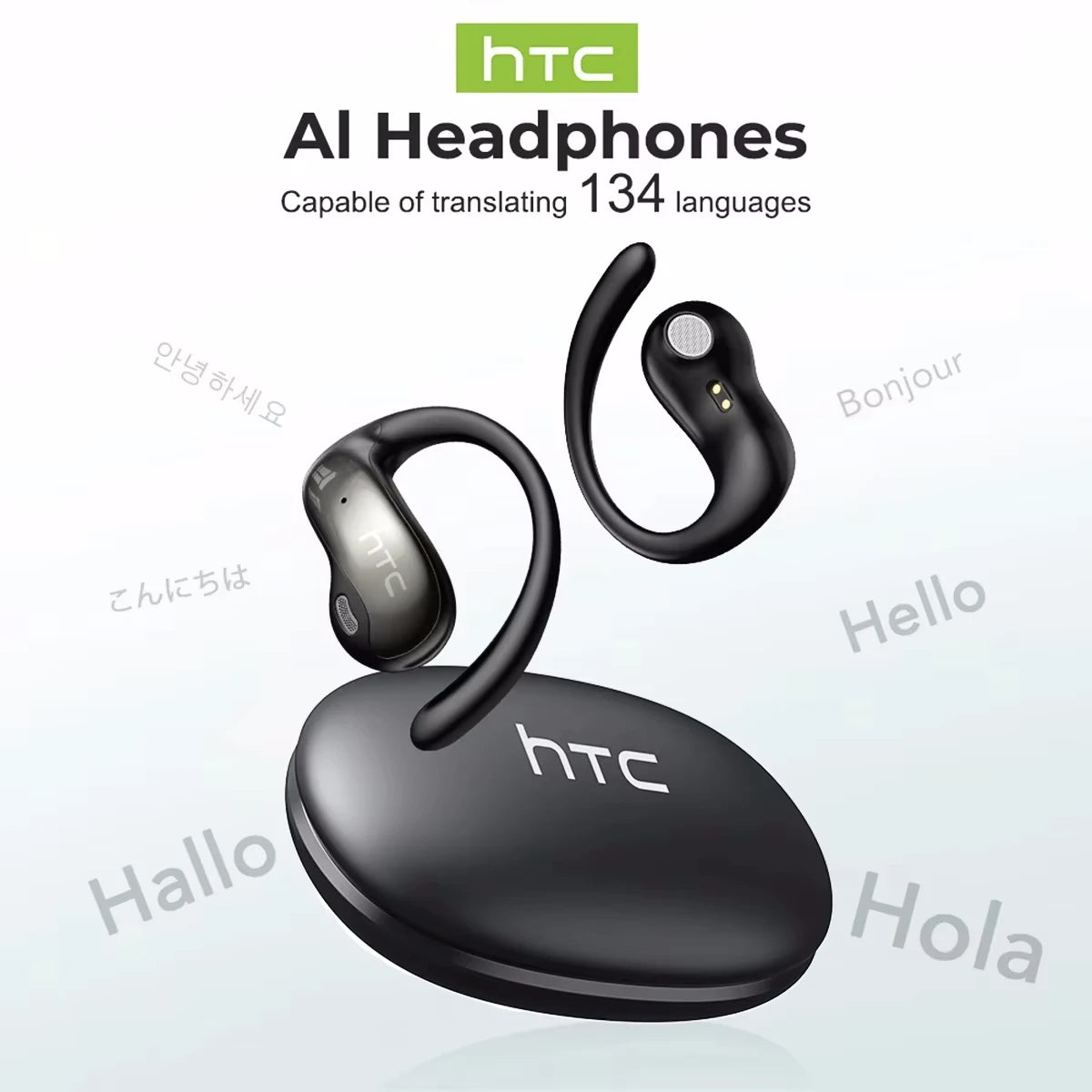 HTC NE19 Bluetooth Earphones OWS Sports Wireless Headphones Powerful Bass AI Translator Earbud Waterproof Ear Hook Louder Stereo