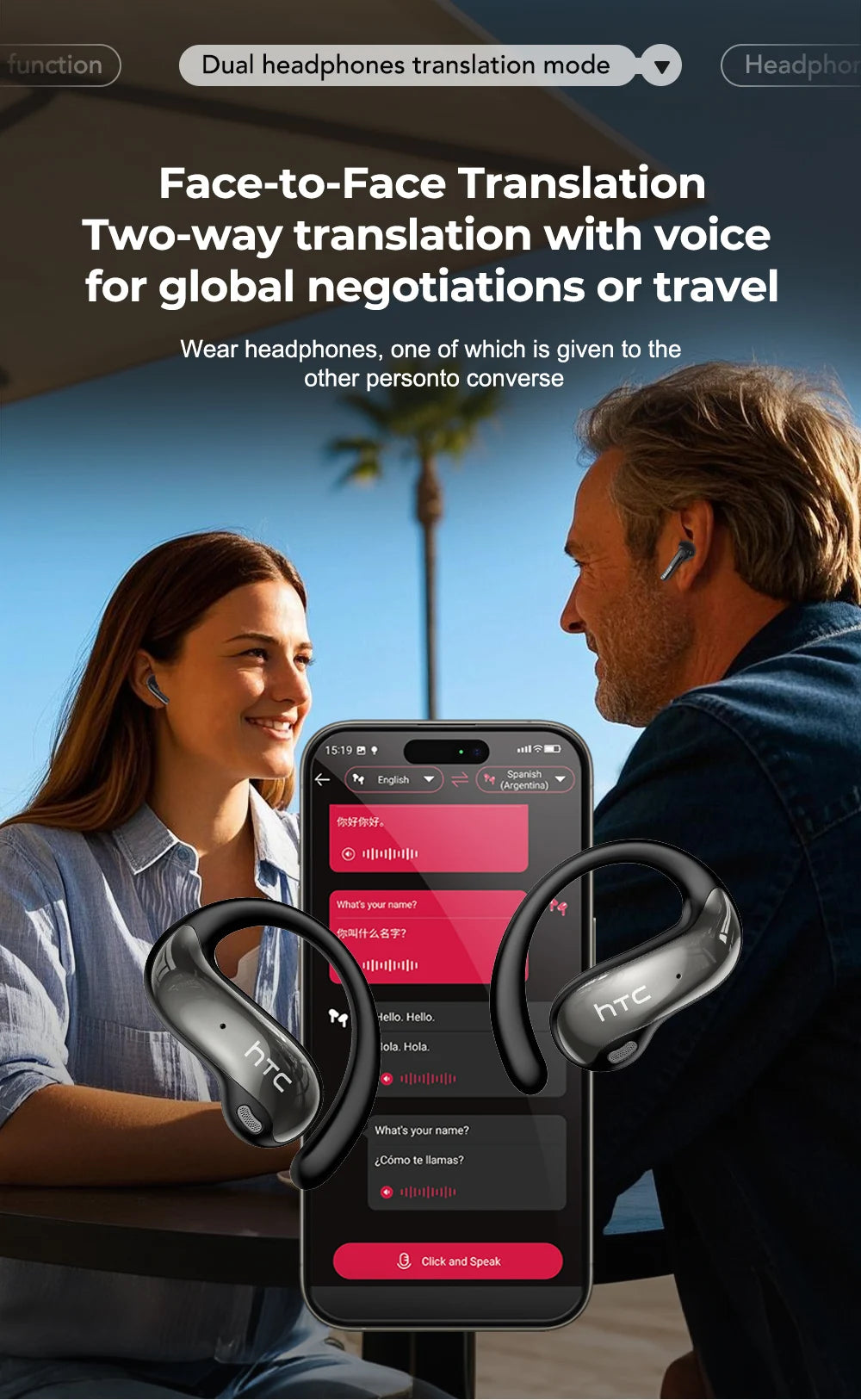 HTC NE19 Bluetooth Earphones OWS Sports Wireless Headphones Powerful Bass AI Translator Earbud Waterproof Ear Hook Louder Stereo