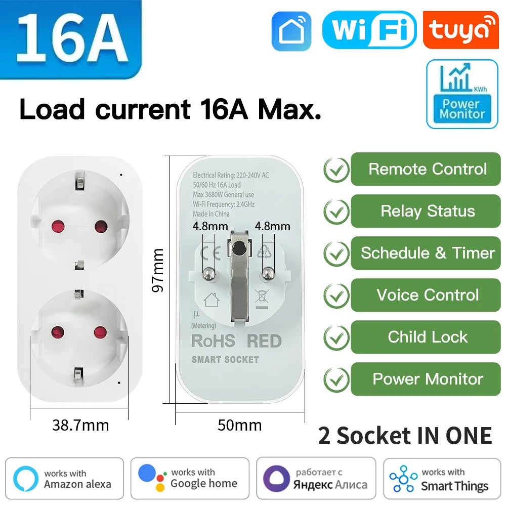 Smart WiFi & Zigbee 16A/20A Socket with Power Monitor & Voice Control - Works with Alexa & Google Home