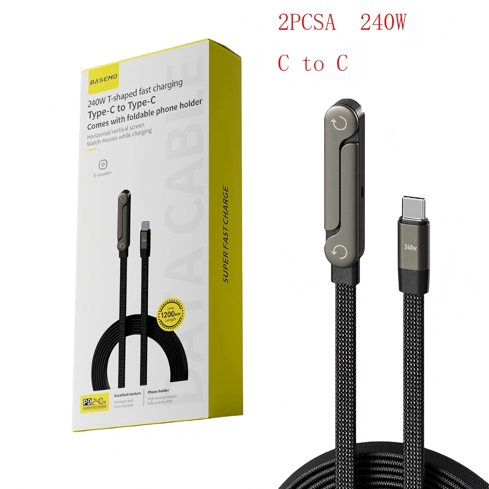 Fast Charging 2-in-1 Foldable Data Cable & Stand - Type-C to Type-C / USB-A to Type-C, 240/65W
