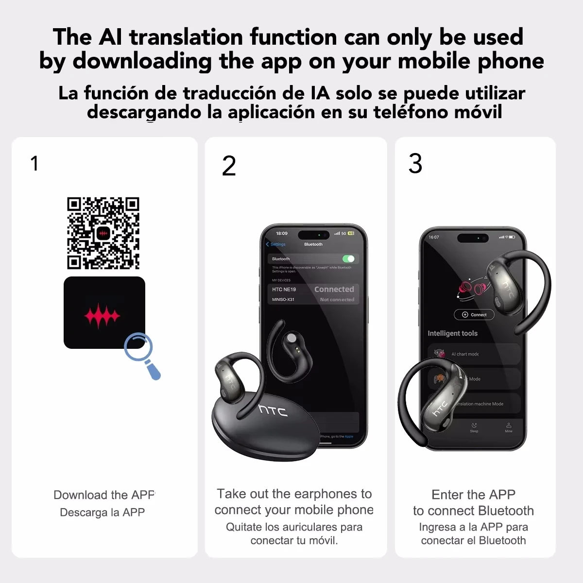 HTC NE19 Bluetooth Earphones OWS Sports Wireless Headphones Powerful Bass AI Translator Earbud Waterproof Ear Hook Louder Stereo