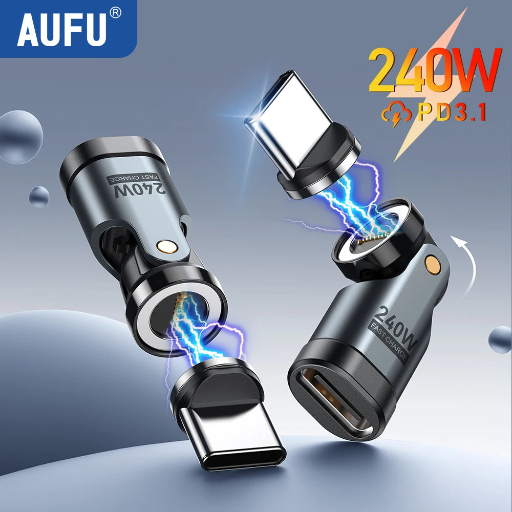 AUFU 2PCS 9Pin Magnetic USB C OTG Adapter PD 240W Fast Charging Magnet Type C Female Connector for iPhone Xiaomi Macbook Laptop