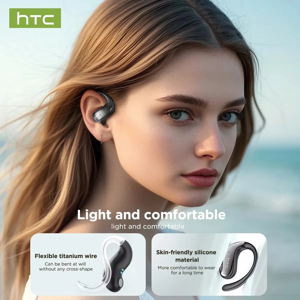 HTC NE19 Bluetooth Earphones OWS Sports Wireless Headphones Powerful Bass AI Translator Earbud Waterproof Ear Hook Louder Stereo