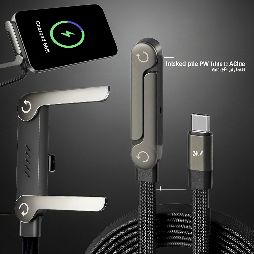 2-IN-1 Type-C Cable Foldable Mobile Phone Holder 240W Fast Charging Data Cable Multifunction Phone Charge Bracket Dual PD cable